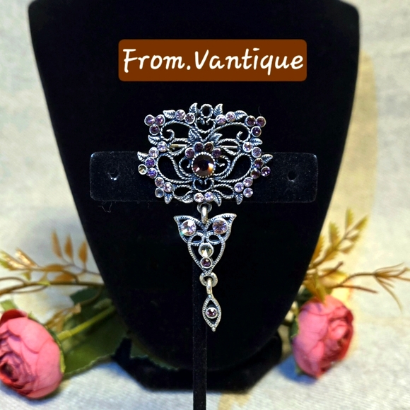 🟣 Vintage Victorian Purple Rhinestone Dangling Silver Brooch / Pin 🧷 - Picture 2 of 4